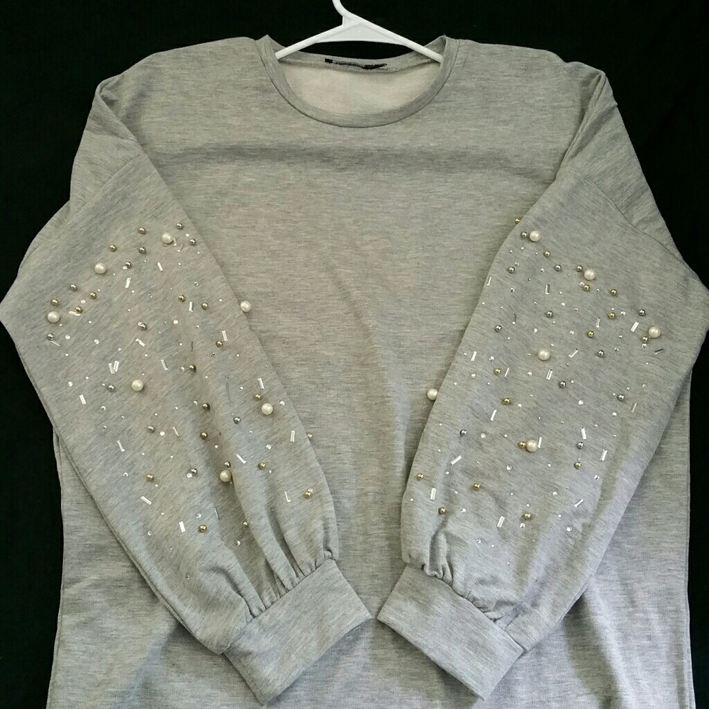 Grey sweatshirt dress pearls embellished bell - Picture 5 of 7